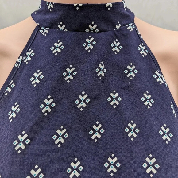 AQUA BORDER PRINT HANDKERCHIEF DRESS Small Navy Blue Halter Neck - Picture 3 of 12